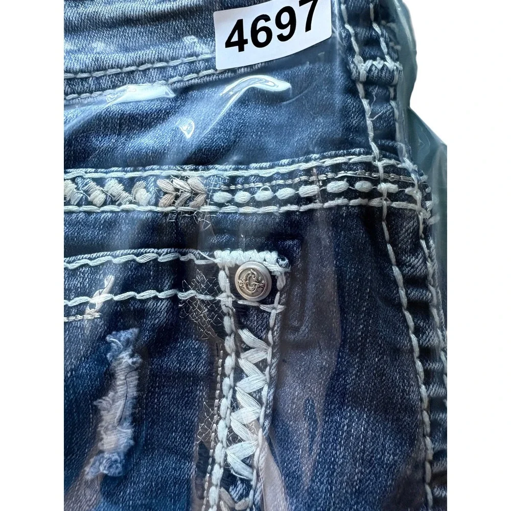 Grace in LA Easy Fit Denim Shorts Women 27 Blue Dark Wash Y2K Distressed Raw Hem